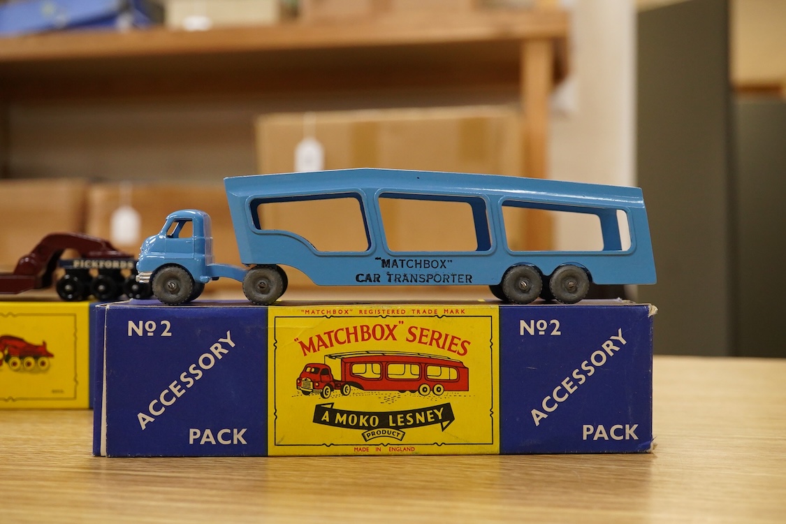 Fourteen Matchbox Series and early boxed Models of Yesteryear, including three Major Packs; No.1; Caterpillar Earthmover, No.3; Mighty Antar tank transporter and Centurion tank, No.6; Scammell transporter, together with